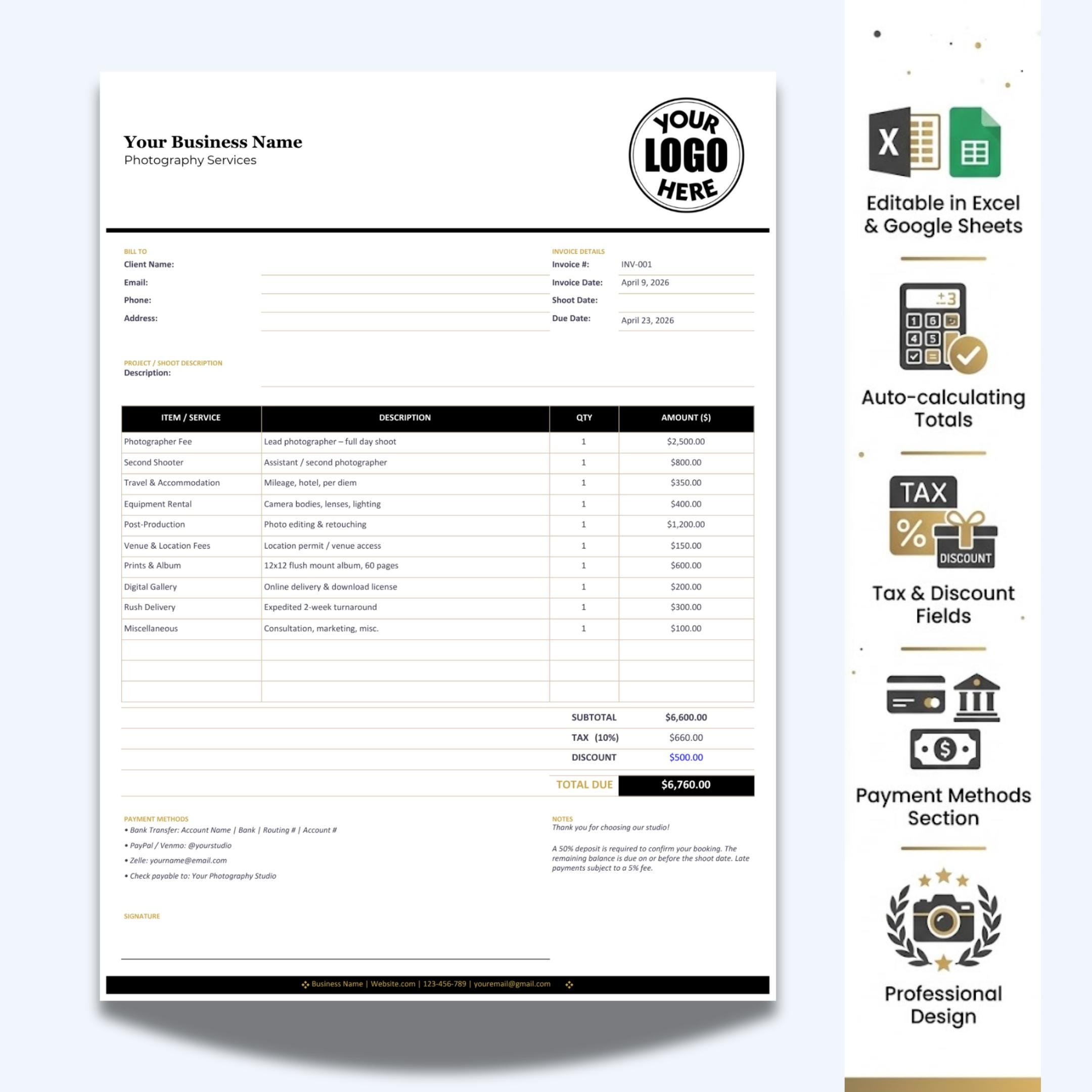 Mastercard Invoice Photography Invoice Template Excel | Photographer Business Invoice ...