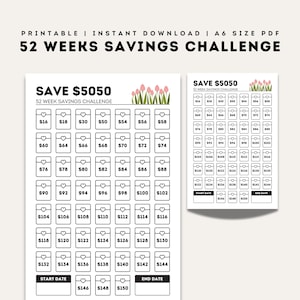 52 Week USD 5050 Savings Challenge, PRINTABLE A6 Low Income Saving Chart PDF