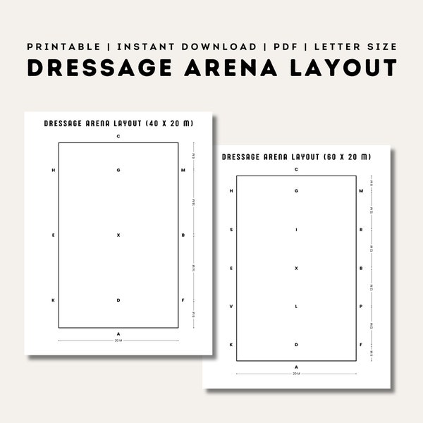 Dressage Arena Layout | Printable Equestrian Template | 60 x 20 M | 40 x 20 M | Equine Dressage Arena Diagram | Letter Size | PDF