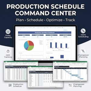 May include: A digital production schedule command center dashboard displayed on a computer screen, featuring a pie chart, bar graphs, and data tables. The interface includes tabs for production schedules, capacity planning, and gantt charts.