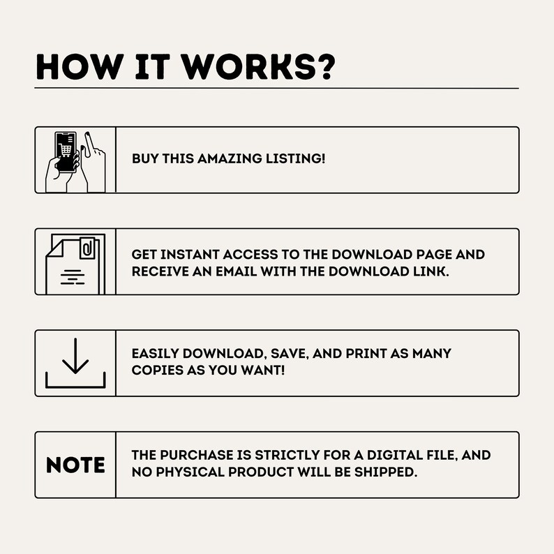 May include: A black and white illustration showing how to buy, download, and print a digital file. The text reads "HOW IT WORKS?"  "BUY THIS AMAZING LISTING!" "GET INSTANT ACCESS TO THE DOWNLOAD PAGE AND RECEIVE AN EMAIL WITH THE DOWNLOAD LINK." "EASILY DOWNLOAD, SAVE, AND PRINT AS MANY COPIES AS YOU WANT!" "NOTE THE PURCHASE IS STRICTLY FOR A DIGITAL FILE, AND NO PHYSICAL PRODUCT WILL BE SHIPPED."
