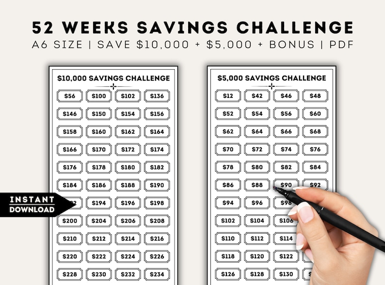 Savings Challenge Trackers, Printable 10000 Savings Challenge, 5000 ...