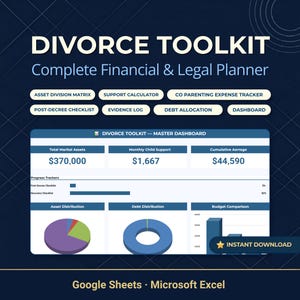 Peut inclure: Un kit d'outils de divorce numérique sur fond bleu foncé. Le kit comprend un planificateur financier et juridique avec des sections pour la répartition des actifs, la pension alimentaire et la répartition des dettes. Le texte "Téléchargement instantané" est également inclus.