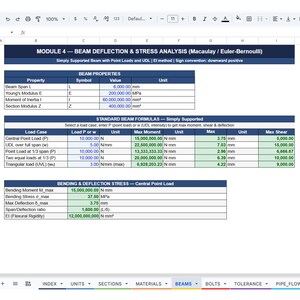 Puede incluir: Una hoja de c&aacute;lculo digital titulada MODULE 4 &mdash; BEAM DEFLECTION & STRESS ANALYSIS (Macaulay / Euler-Bernoulli) que muestra tablas de datos de ingenier&iacute;a para propiedades de vigas, f&oacute;rmulas est&aacute;ndar y c&aacute;lculos de flexi&oacute;n y tensi&oacute;n.