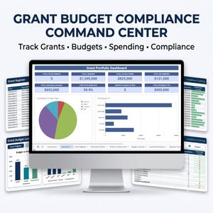 May include: A computer monitor displaying a Grant Budget Compliance Command Center dashboard with financial data, pie charts, and bar graphs. Surrounding the screen are various spreadsheet views including Grant Register and Compliance Tracking tabs.