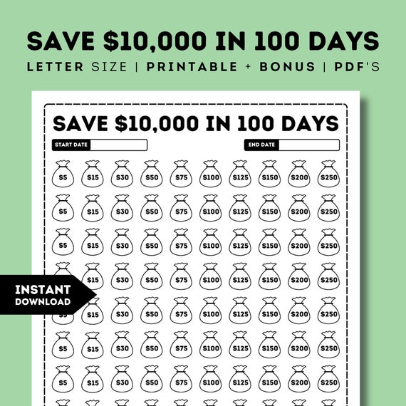 10K in 100 Days Savings Challenge, Printable 10000 Savings 10K in 100 Days Savings Challenge, Printable 10000 Savings