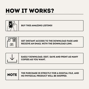 May include: A black and white illustration showing how to buy, download, and use a digital product. The text reads "HOW IT WORKS?"  "BUY THIS AMAZING LISTING!" "GET INSTANT ACCESS TO THE DOWNLOAD PAGE AND RECEIVE AN EMAIL WITH THE DOWNLOAD LINK." "EASILY DOWNLOAD, EDIT, SAVE AND PRINT AS MANY COPIES AS YOU WANT." "NOTE THE PURCHASE IS STRICTLY FOR A DIGITAL FILE, AND NO PHYSICAL PRODUCT WILL BE SHIPPED."