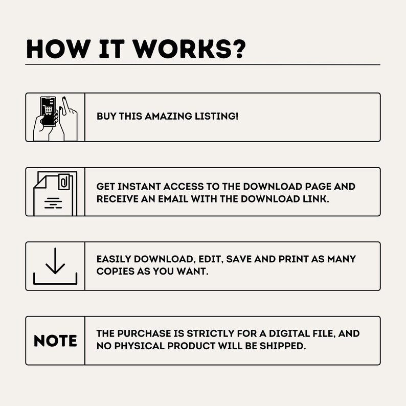 May include: A black and white illustration showing how to buy, download, and use a digital product. The text reads "HOW IT WORKS?"  "BUY THIS AMAZING LISTING!" "GET INSTANT ACCESS TO THE DOWNLOAD PAGE AND RECEIVE AN EMAIL WITH THE DOWNLOAD LINK." "EASILY DOWNLOAD, EDIT, SAVE AND PRINT AS MANY COPIES AS YOU WANT." "NOTE THE PURCHASE IS STRICTLY FOR A DIGITAL FILE, AND NO PHYSICAL PRODUCT WILL BE SHIPPED."