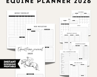 May include: A collection of black and white printable equine planner pages. The pages include a weekly checklist, ride reflection, equestrian journal, calendar, and stall information card. The text "EQUINE PLANNER 2026" is displayed at the top.