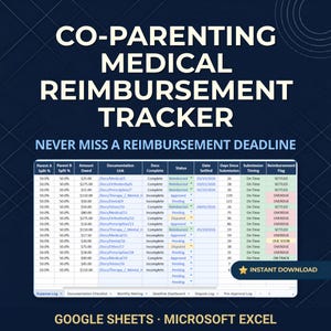 Op de afbeelding: Een digitaal spreadsheet-sjabloon voor het bijhouden van medische vergoedingen bij co-ouderschap, geschikt voor Google Sheets en Microsoft Excel. De interface toont kolommen voor ouderlijke verdeling, bedragen, status en deadlines.