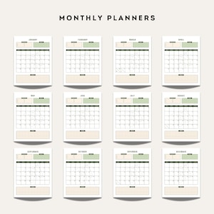 2026 monthly calendar planners for all 12 months featuring green header sections, horse line-art illustrations, and notes space.