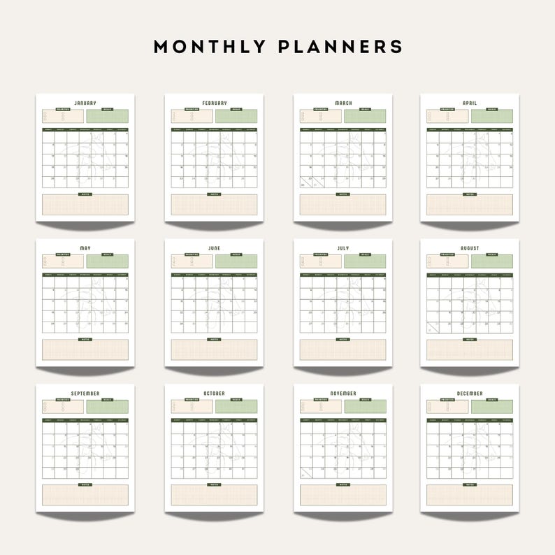 2026 monthly calendar planners for all 12 months featuring green header sections, horse line-art illustrations, and notes space.