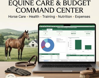 May include: A digital Equine Care & Budget Command Center template displayed on a laptop screen, featuring data charts, a brown leather halter, black riding gloves, and a wooden grooming brush on a desk with a horse illustration background.