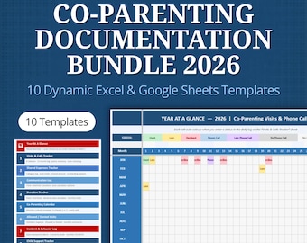 Documentatiebundel co-ouderschap 2026 | Visitatiebewaringtracker | Echtscheidingspreadsheet | Kinderbijslag en onkostendeclaratie | Google Spreadsheet Excel