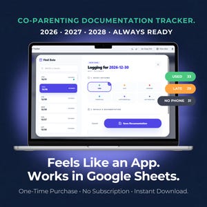 Könnte beinhalten: Ein Laptop-Bildschirm zeigt einen Co-Parenting-Dokumentations-Tracker. Die Oberfläche zeigt einen Kalender, Protokolldetails und Auswahlergebnisse. Der Text lautet: "Feels Like an App. Works in Google Sheets."