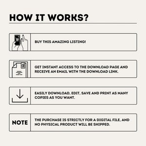 Puede incluir: Una ilustraci&oacute;n en blanco y negro que muestra c&oacute;mo comprar, descargar, editar, guardar e imprimir un archivo digital. El texto dice "HOW IT WORKS?"  "BUY THIS AMAZING LISTING!" "GET INSTANT ACCESS TO THE DOWNLOAD PAGE AND RECEIVE AN EMAIL WITH THE DOWNLOAD LINK." "EASILY DOWNLOAD, EDIT, SAVE AND PRINT AS MANY COPIES AS YOU WANT." "NOTE THE PURCHASE IS STRICTLY FOR A DIGITAL FILE, AND NO PHYSICAL PRODUCT WILL BE SHIPPED."