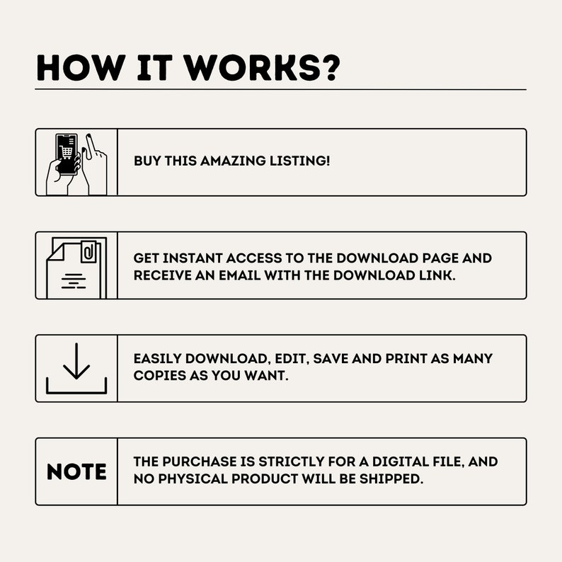 Puede incluir: Una ilustraci&oacute;n en blanco y negro que muestra c&oacute;mo comprar, descargar, editar, guardar e imprimir un archivo digital. El texto dice "HOW IT WORKS?"  "BUY THIS AMAZING LISTING!" "GET INSTANT ACCESS TO THE DOWNLOAD PAGE AND RECEIVE AN EMAIL WITH THE DOWNLOAD LINK." "EASILY DOWNLOAD, EDIT, SAVE AND PRINT AS MANY COPIES AS YOU WANT." "NOTE THE PURCHASE IS STRICTLY FOR A DIGITAL FILE, AND NO PHYSICAL PRODUCT WILL BE SHIPPED."