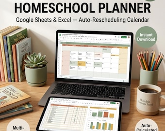 Planningstool voor thuisonderwijs: spreadsheet in Excel, Google Sheets, lesprogramma voor meerdere leerlingen, cijferlijst, aanwezigheidsregistratie, leeslogboek, budgetbeheer, automatisch opnieuw inplannen.