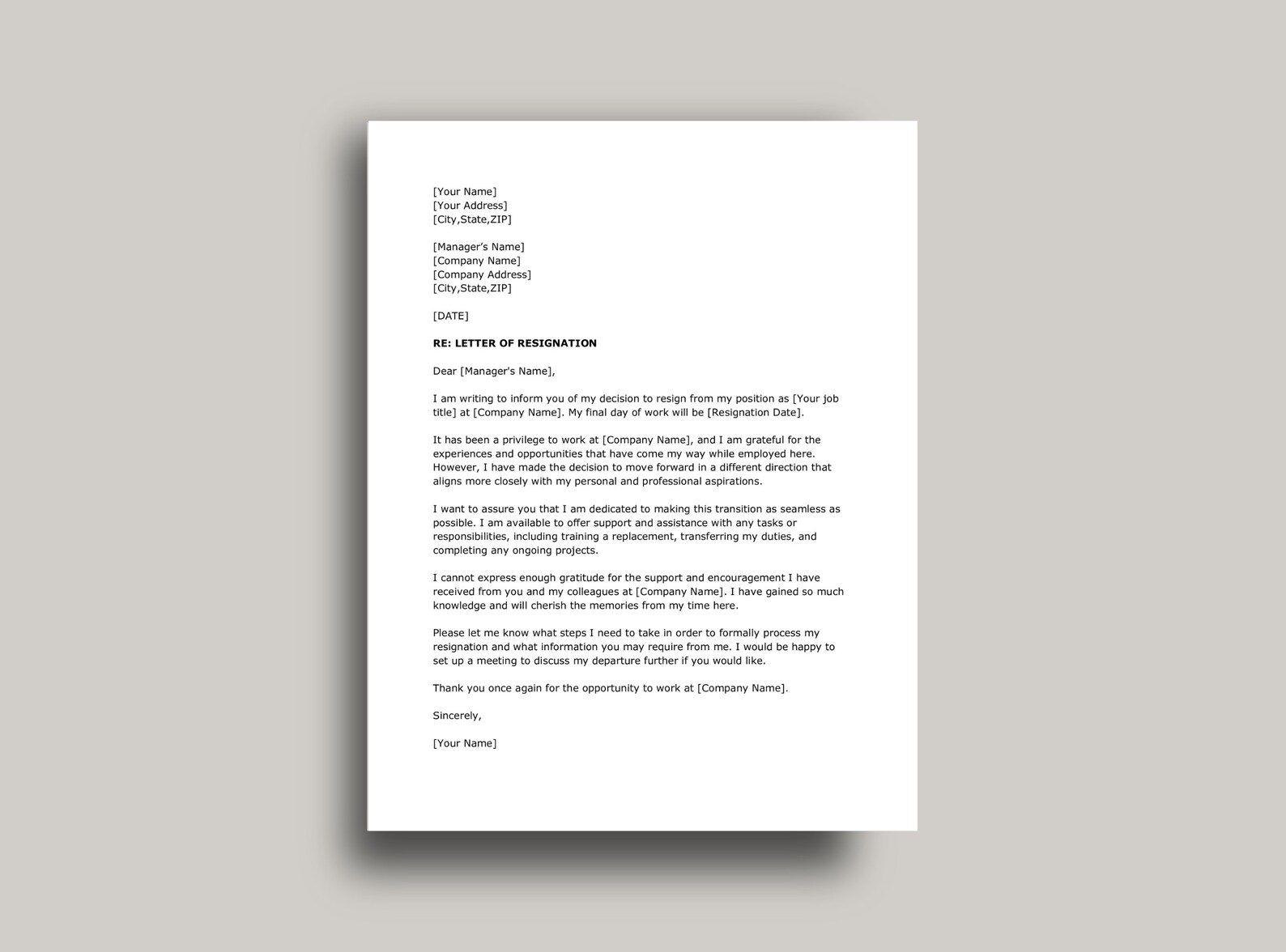 Professional Resignation Letter Template, Editable Two Week Notice