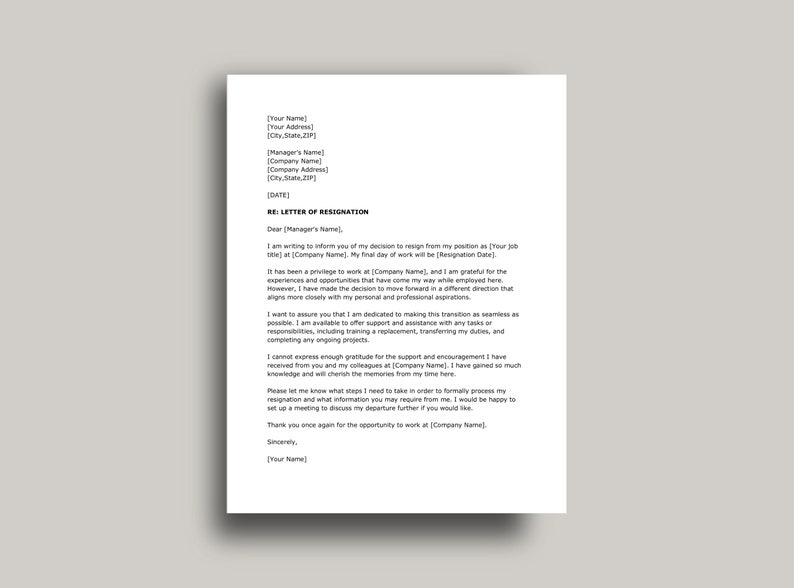 Professional Resignation Letter Template, Editable Two Week Notice Resignation Letter, Google Docs, Word, PDF, Simple Job Resignation Letter image 4