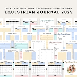 Könnte beinhalten: Ein Reitjournal für 2025 mit Kalender und Planer, sowie Seiten für Pferdepflege, Gesundheit und Training. Enthält wöchentliche Checklisten, Reiterlebnisse und Pferdeinformationen. Mit Pastellfarben gestaltet.