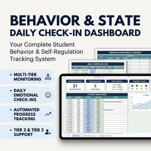 May include: A digital behavior and state daily check-in dashboard displayed on a tablet screen. The interface features student monitoring tables, progress charts, and regulation zone summaries with text including BEHAVIOR & STATE DAILY CHECK-IN DASHBOARD.
