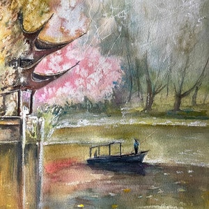 AUTUNNO Estetica, Lago PITTURA, Murale cinese ARTE, Pittura autunnale, Acquerello cinese Lago Pittura Barca Originale Soggiorno Arte della parete