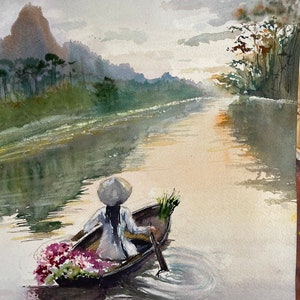 ARTE MURALE CINESE, Pittura Barca, Arte Murale Designer, Pittura Fiume, RAGAZZA Cinese, Pittura Barca Fiume, Decorazione Murale Classica Originale, Regalo