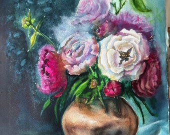 Original watercolor painting, Watercolor floral still life, Spring flowers in a vase. Moody flower bouquet. Unique wall art in vintage style