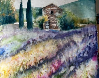 Original Watercolor Landscape “Lavender field”, Lavender Painting Watercolor Provence Landscape Tuscany Lavender Field Painting