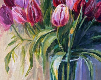 Original canvas painting, Acrylic painting, Tulip flowers in a vase Floral painting Moody flower bouquet. Unique wall art in modern style