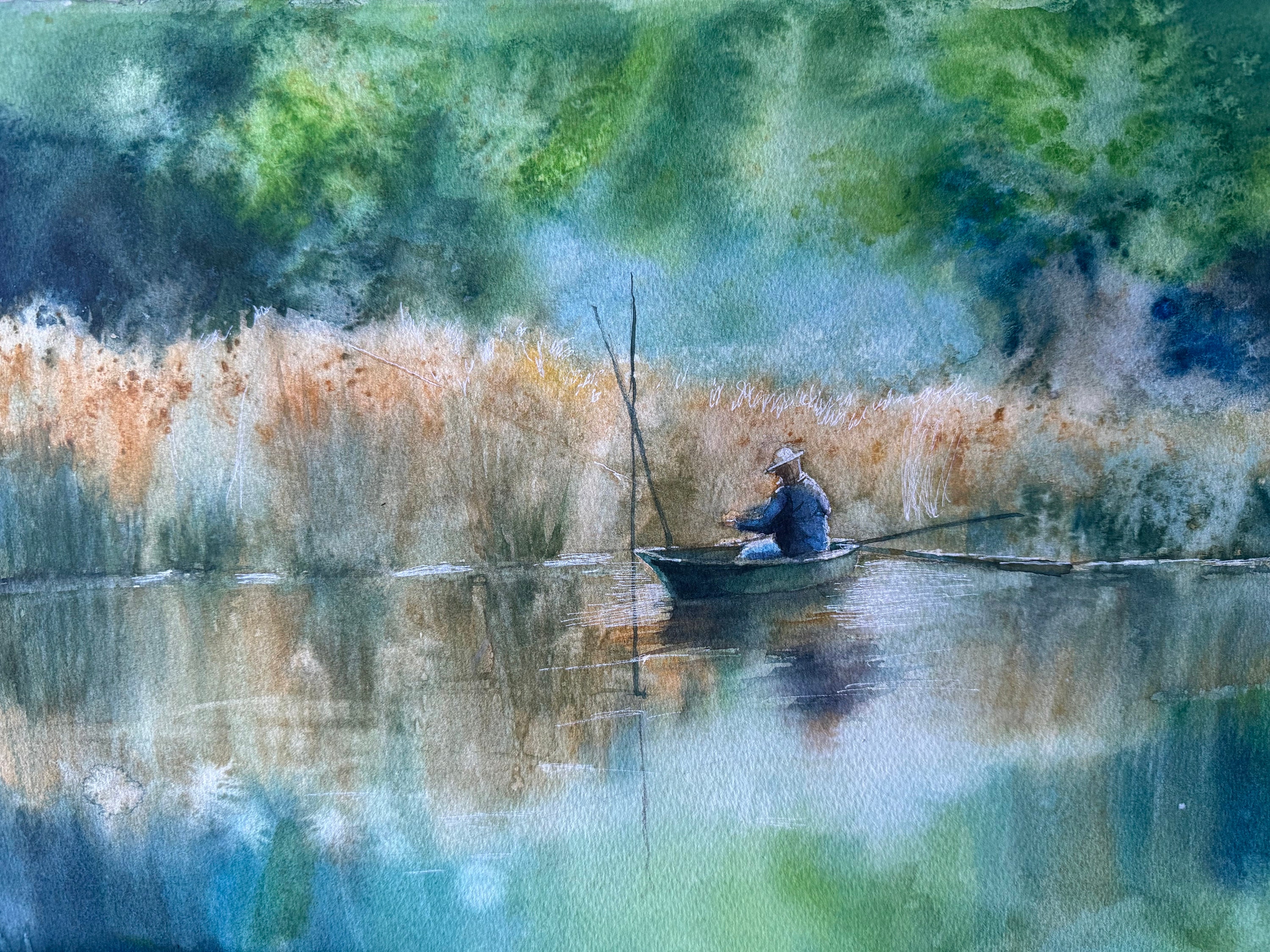 オリジナル水彩画「孤独」。孤独な漁師、穏やかな湖の風景、オリジナルアートワーク、水彩画のボート