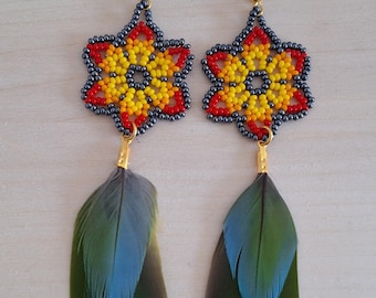 Beaded Earrings, Geometric Beaded, Earrings with Feathers, Feathered Earrings, Moon Dance Earrings, Ceremonial Earrings,Traditional Earrings
