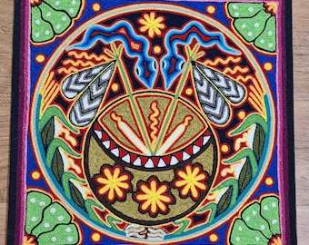 Huichol Garnmalerei, Native Folk Art Wanddekor, 12x12, Huichol, Wandkunst