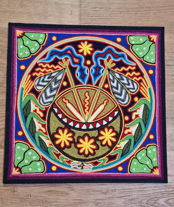 Huichol Yarn Painting, Native Folk Art Wall Decor, 12x12, Huichol, Wall Art