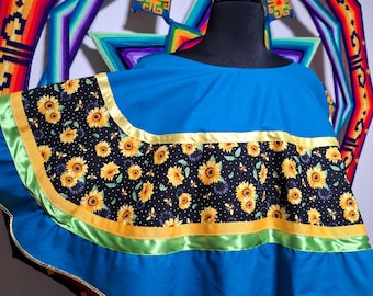 Handmade Pow Wow Cloak, Teal Cotton Cloak with Sunflower Ribbon, Ceremonial Cloak, Special Occasion Poncho, Meditation Cloak, Ceremonial