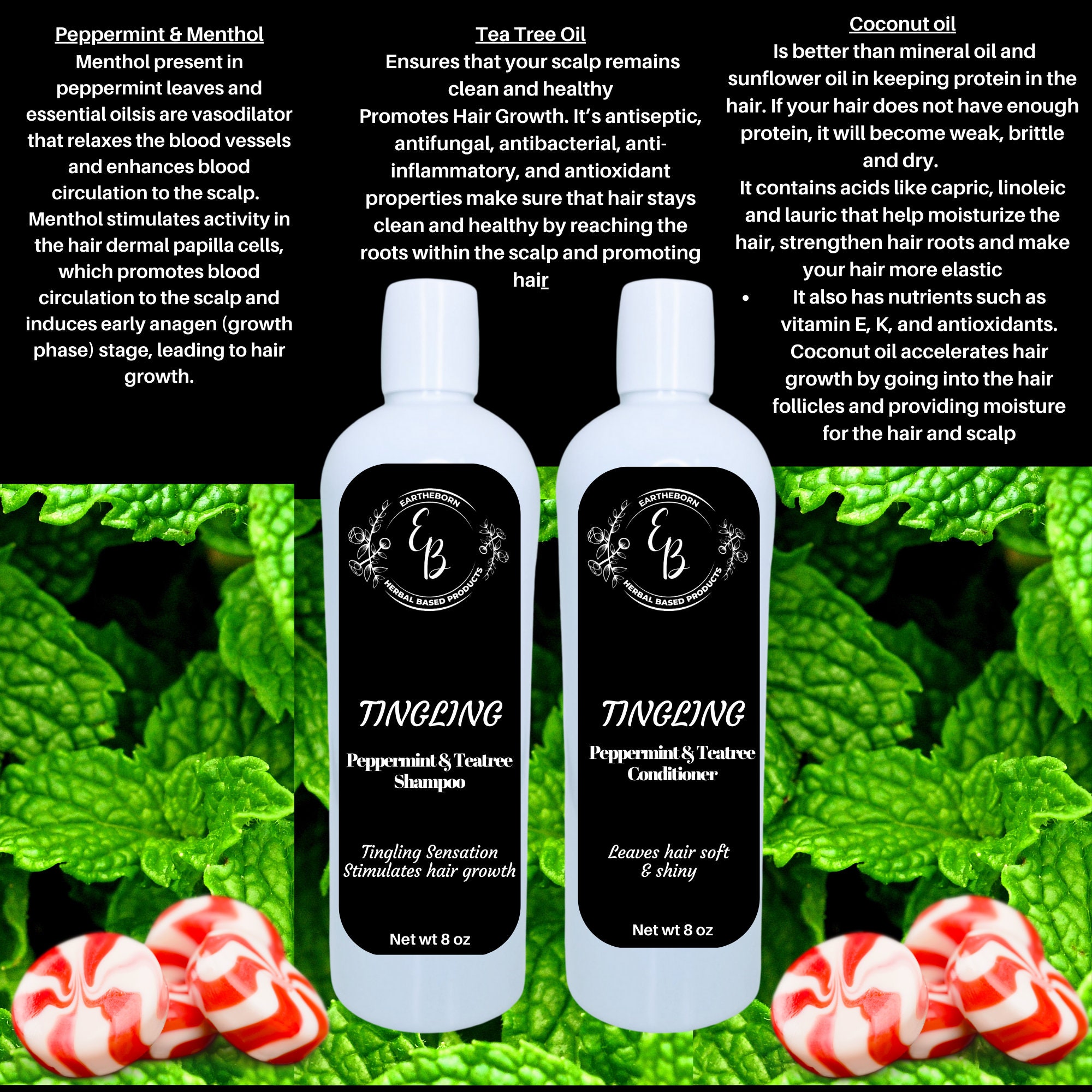 Tingling Peppermint & Tea Tree Shampoo, Conditioner, Scalp Stimulator