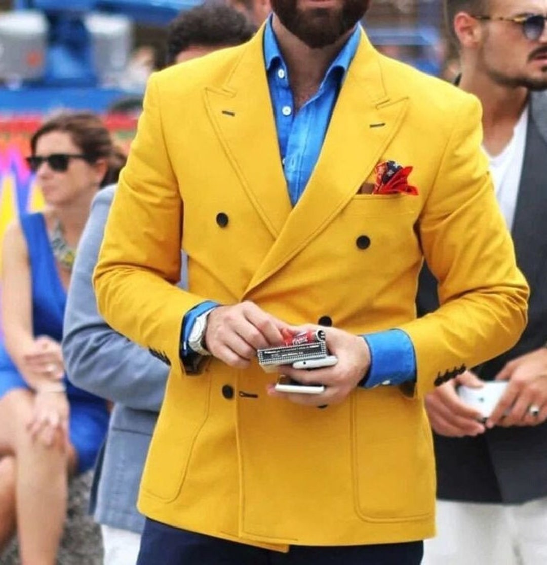 Chaqueta cruzada de diseñador para hombre, abrigo ajustado amarillo para  hombre, chaqueta amarilla para novios en la playa, chaqueta para hombre -   España