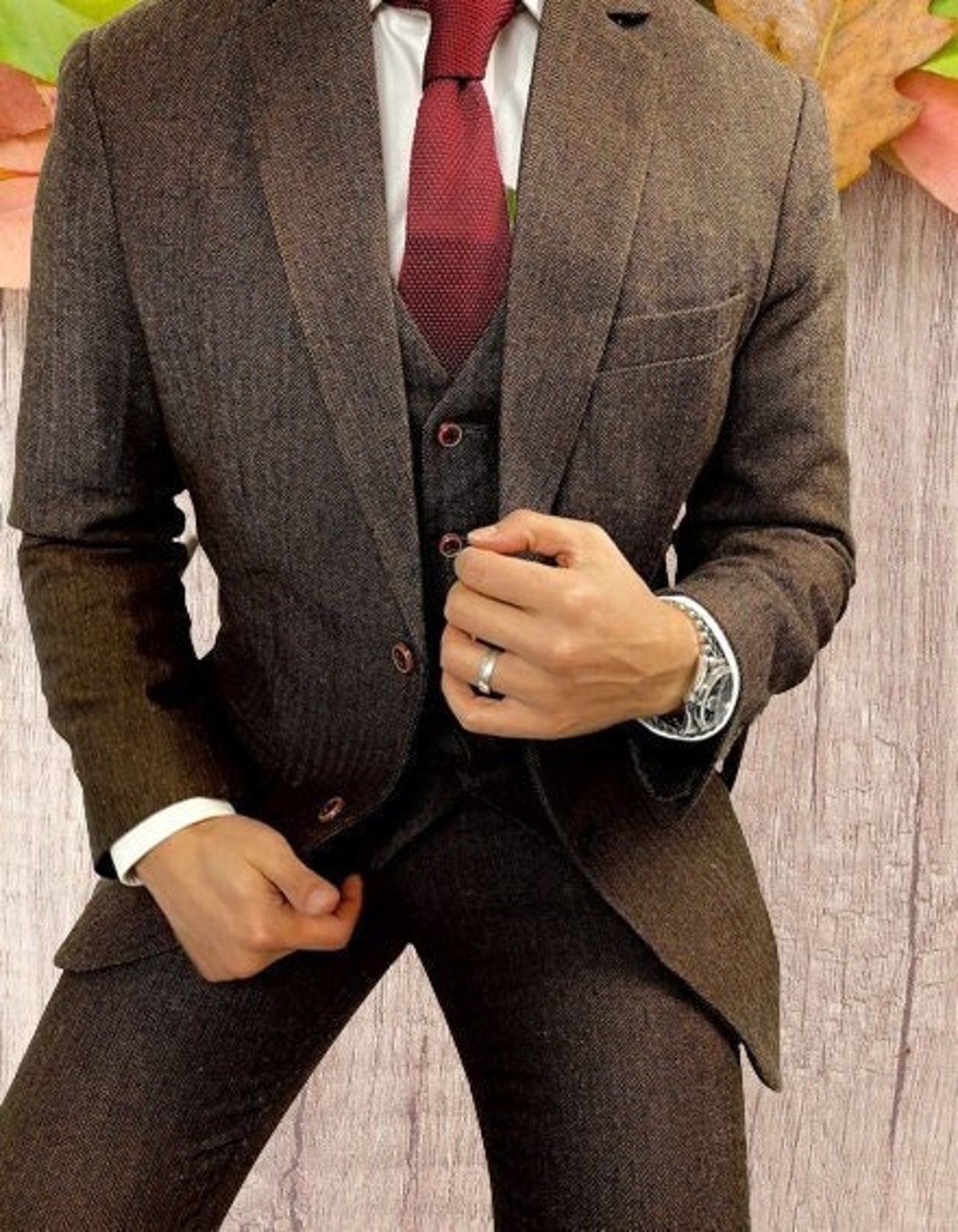 Tweed Jacket Men Men's Burgundy 3-Piece Tweed Suit, Winter Wedding