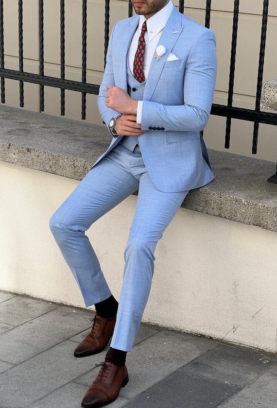Men Light Blue Stylish Suit Wedding Ultimate Suit Men 3 Piece