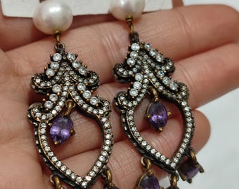 Ottoman Women's Earrings, Turkish Handmade Jewelry, Hürrem Jewelry, Turkish Silver Jewelry, Pearl Earrings, Long Pendant Earrings.