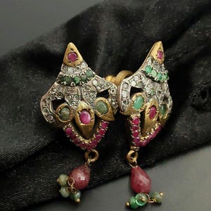 Emerald And Ruby stone earrings,Ottoman women&#39;s earrings, Turkish handmade jewelry, Hürrem jewelry, Turkish jewelry, silver jewelry.
