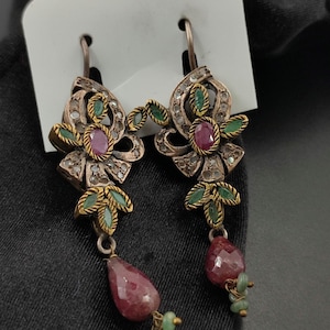 Emerald And Ruby stone earrings, Turkish handmade jewelry, Ottoman women&#39;s earrings,  Hürrem jewelry, Turkish jewelry, silver jewelry.