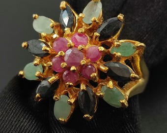 Anello con rubino, smeraldo e zaffiro naturali, argento sterling 925, anello con pietre preziose, anello nuziale, anello con pietre preziose multicolori, anello placcato in oro.
