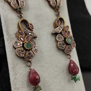Emerald And Ruby stone earrings,Ottoman women&#39;s earrings, Turkish handmade jewelry, Hürrem jewelry, Turkish jewelry, silver jewelry.