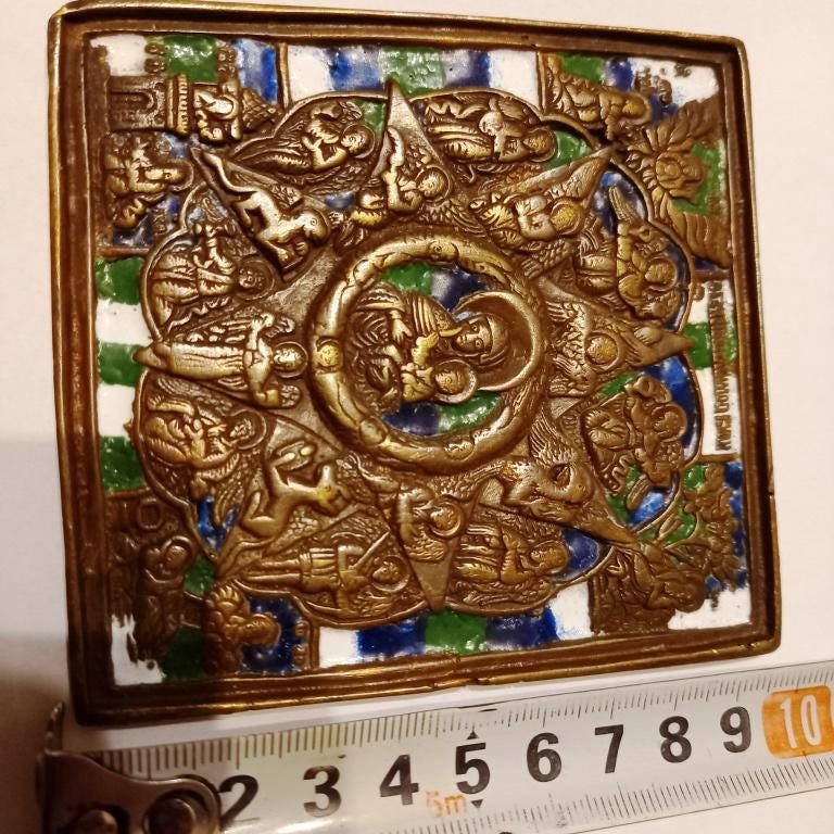 Ancient brass church casting with   enameled Orthodox icon