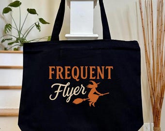 Halloween Frequent Flyer Witch Canvas Tote Bag, Witch Hat Broom Tote