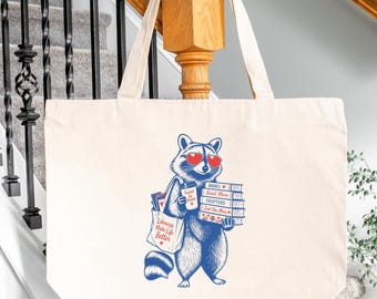 Raccoon Librarian Bookish Canvas Tote Bag, Book Lover Library Gift
