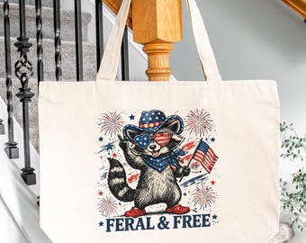 Funny Patriotic Tote Bag, Feral Free Raccoon USA Flag Summer Gift Bag
