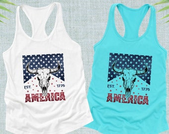 American Flag Cow Skull Tank Top, Western Tank Tops, Patriotic Shirt, 4th of July Tank Top, America Tank Top, Cowgirl Tank, Merica Shirt